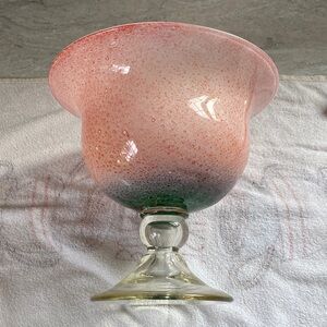 Vintage Hand Blown Art Glass Pedestal Compote Vase Coral Bubble Pontil